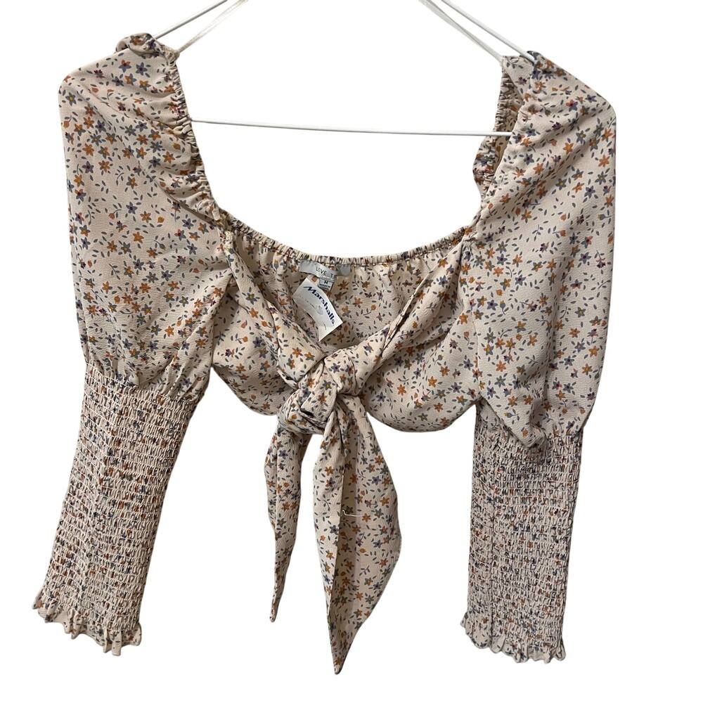 Love Tree Floral Tie Front Crop Top Size Medium Concert Boho Belly Shirt Ruched